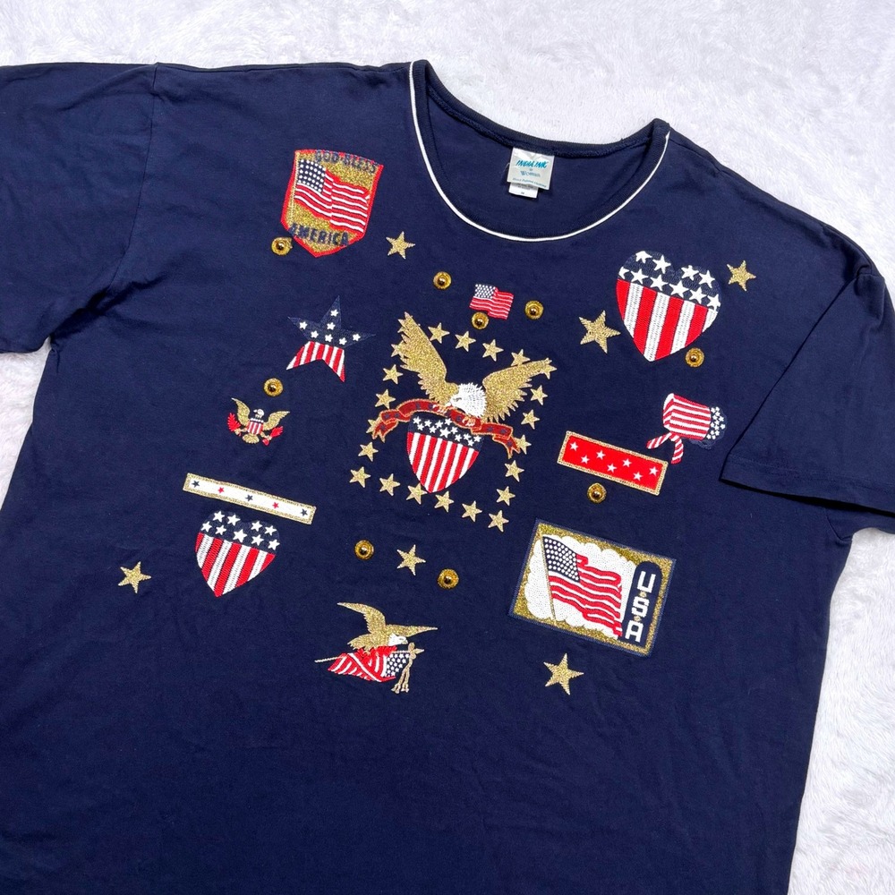 VTG 90s Shirt Women 3X Navy Blue Patriotic 4th July MADE USA Eagle Flag Stars‎